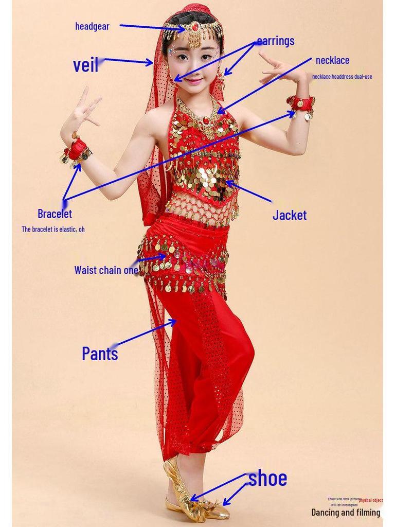 Costume Etnico Danza dello Xinjiang per Bambini - Set Performance Danza del Ventre con Pantaloni Evidenziati