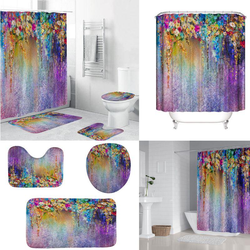 Waterproof Printed 3d Purple Flowers Waterproof Shower Curtains With Set Hooks