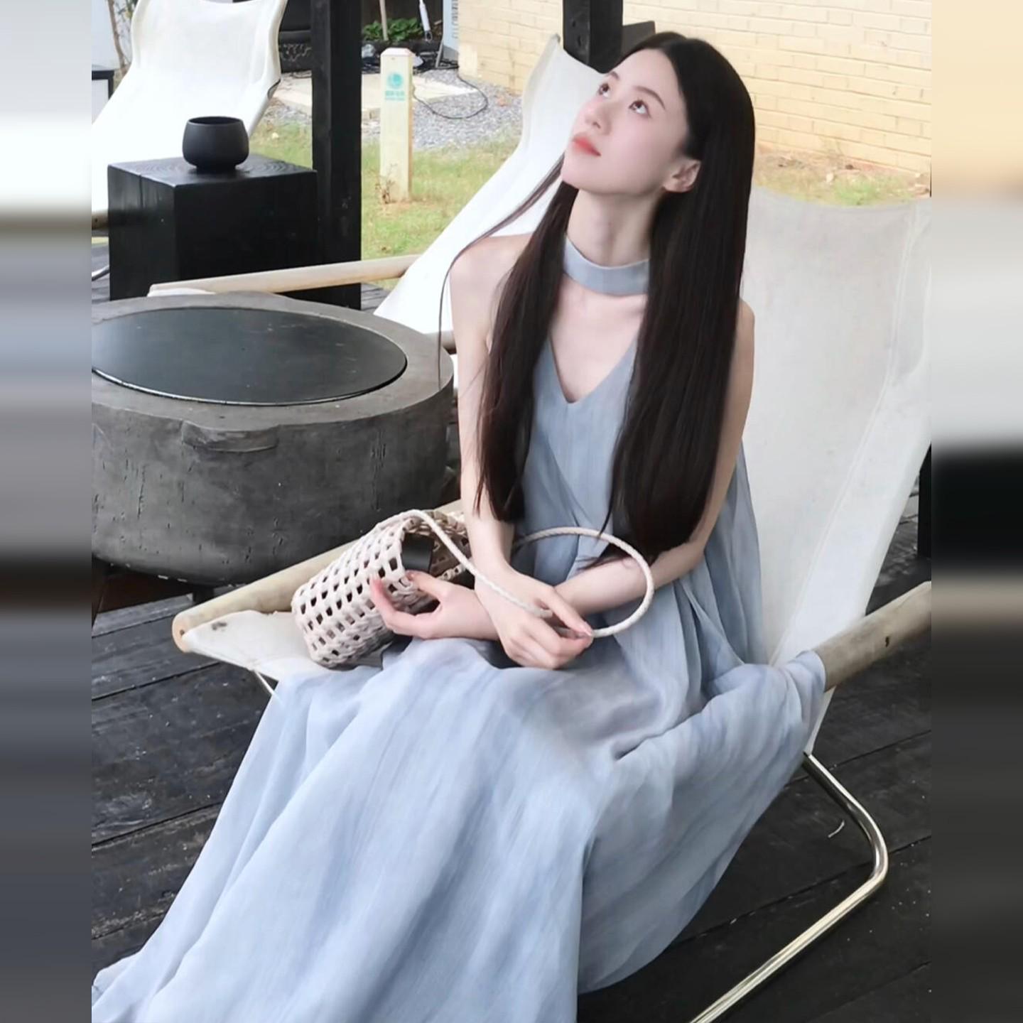 

2025 Элегантное макси-платье на тонких бретельках французского синего цвета - Женское летнее платье без рукавов в сказочном стиле L синий