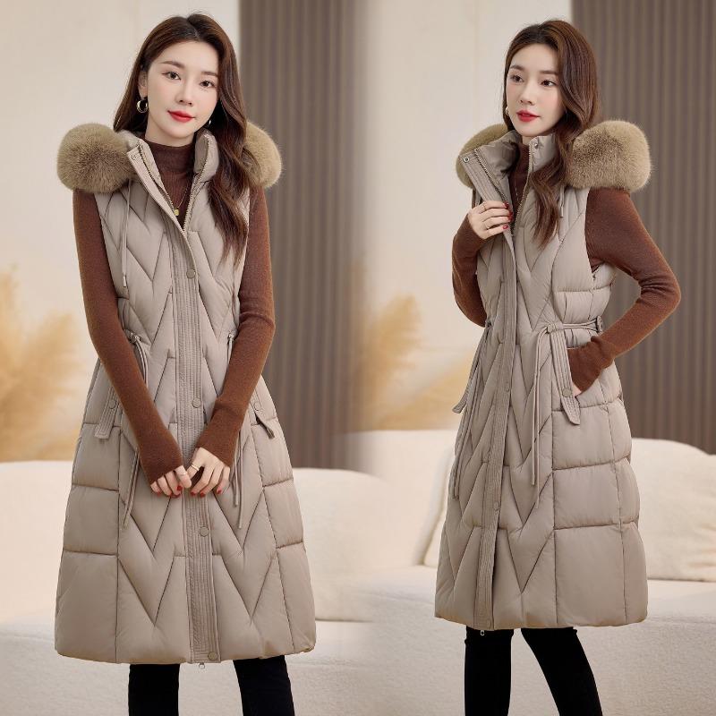 

Хлопковый жилет средней и длинной длины выше колена для женской осенне-зимней моды, повседневный теплый жилет с капюшоном, жилет с поясом XXL хаки