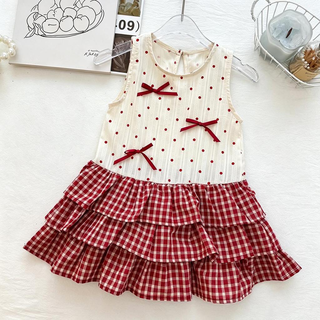 Girls' Red Polka Dot Bow Plaid Sleeveless Dress - New Summer 2026 Princess Style