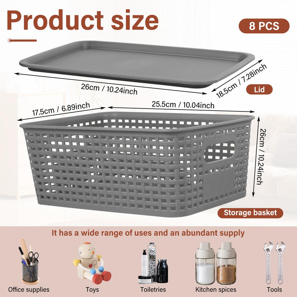 8Pcs Plastic Storage Basket Stackable Desktop Storage Organizer Bin with Handle and Lid Hollowed Out Side Woven Organizer Basket