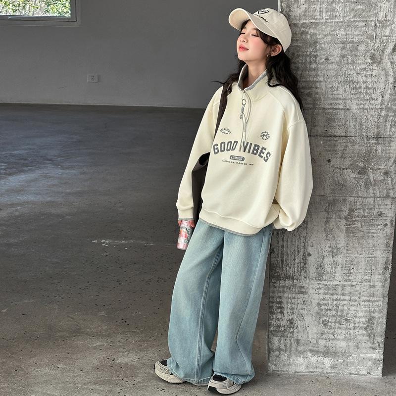 Korean Style Half-Zip Stand Collar Girls' Hoodie - Spring/Autumn Fashion