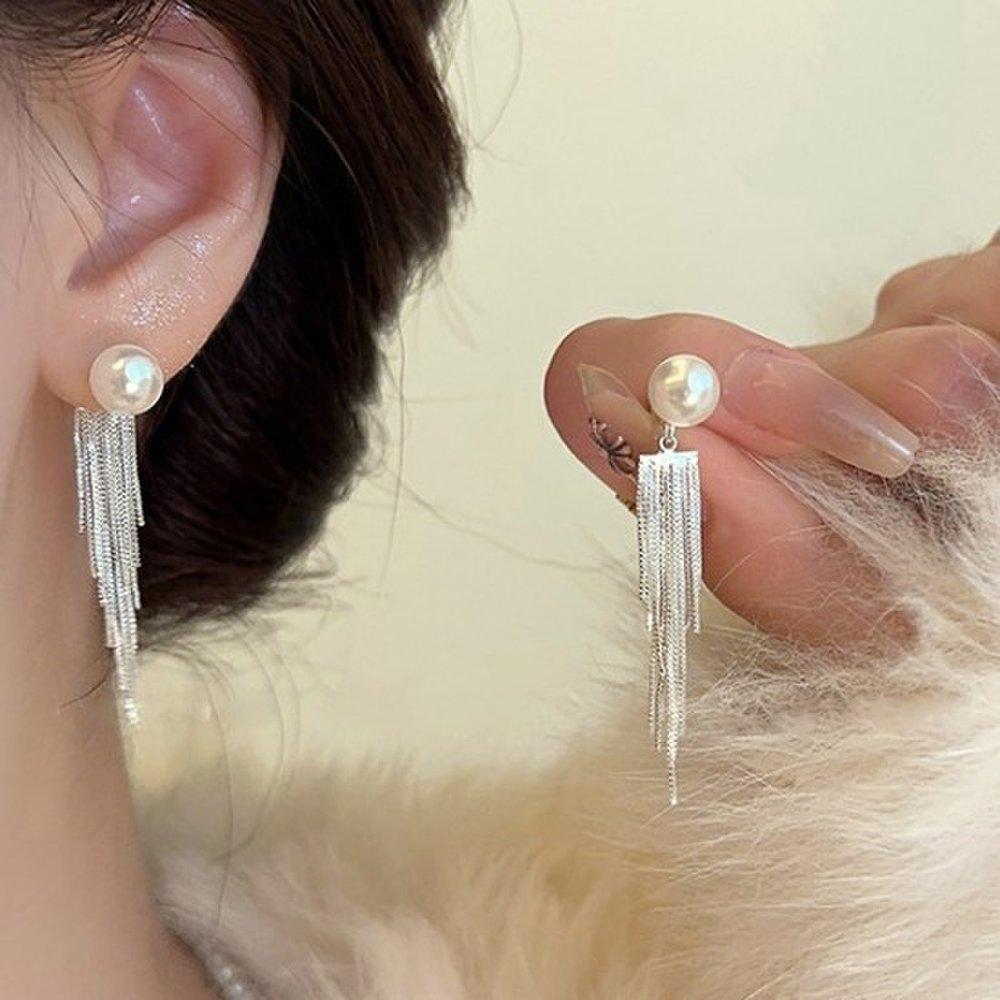 [Dijakso] Women's Elegant Pearl Earrings with Tassel [Silver Needle]