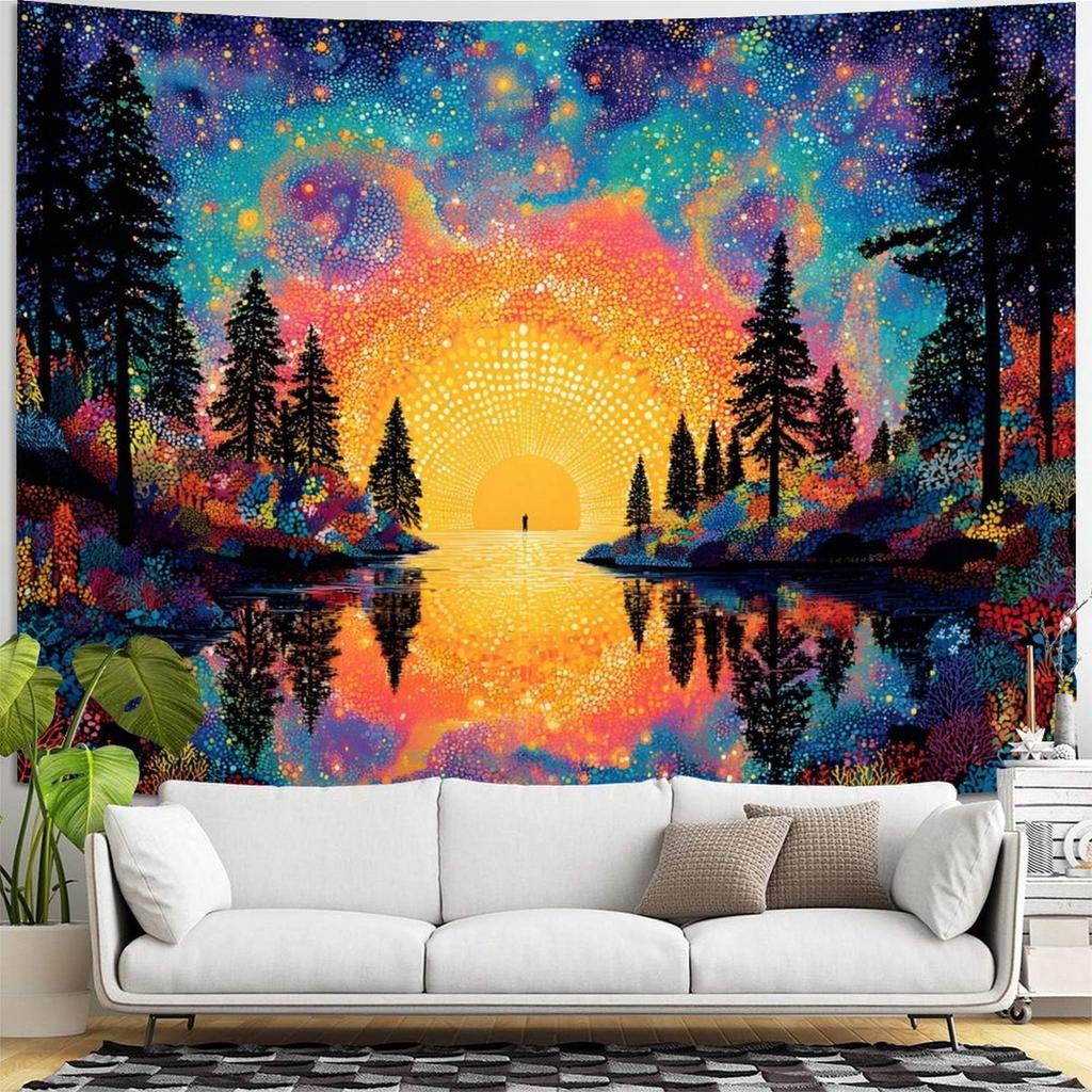 Sonnenaufgang Waldsee Digitaldruck Polyester Wandbehang Wandteppich Dekorative Wohnzimmer Schlafzimmer Büro Hintergrund Geschenk