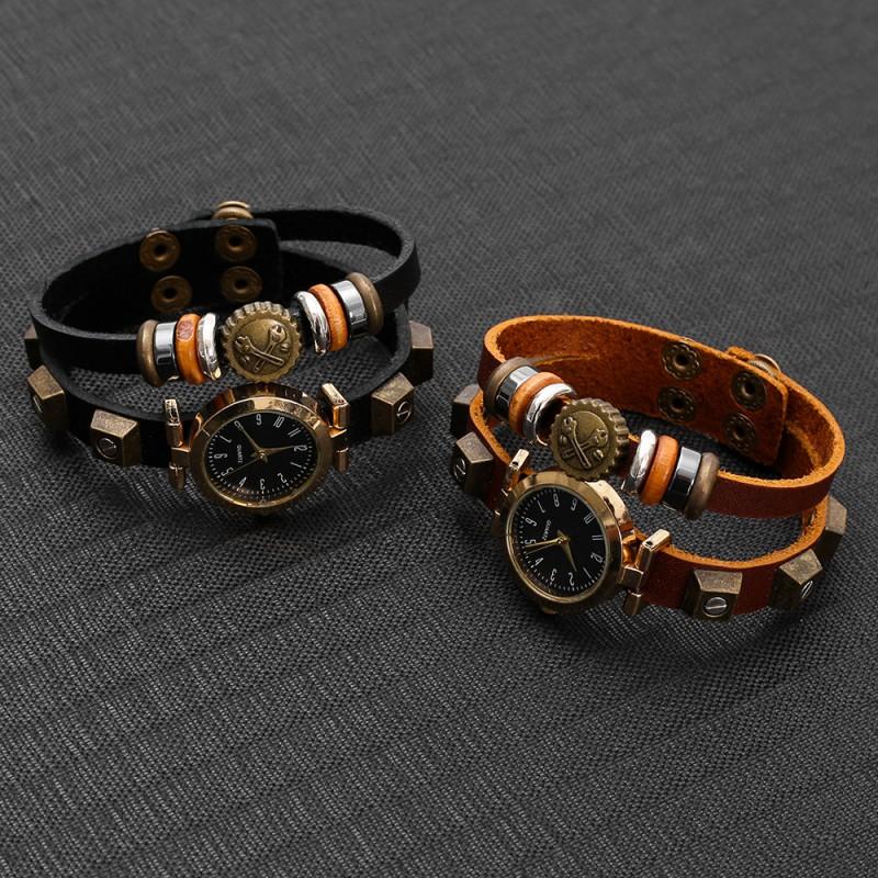 Vintage Punk Mens Leather Watch With Handmade Beaded Band Digital Quartz Wristwatch Adults