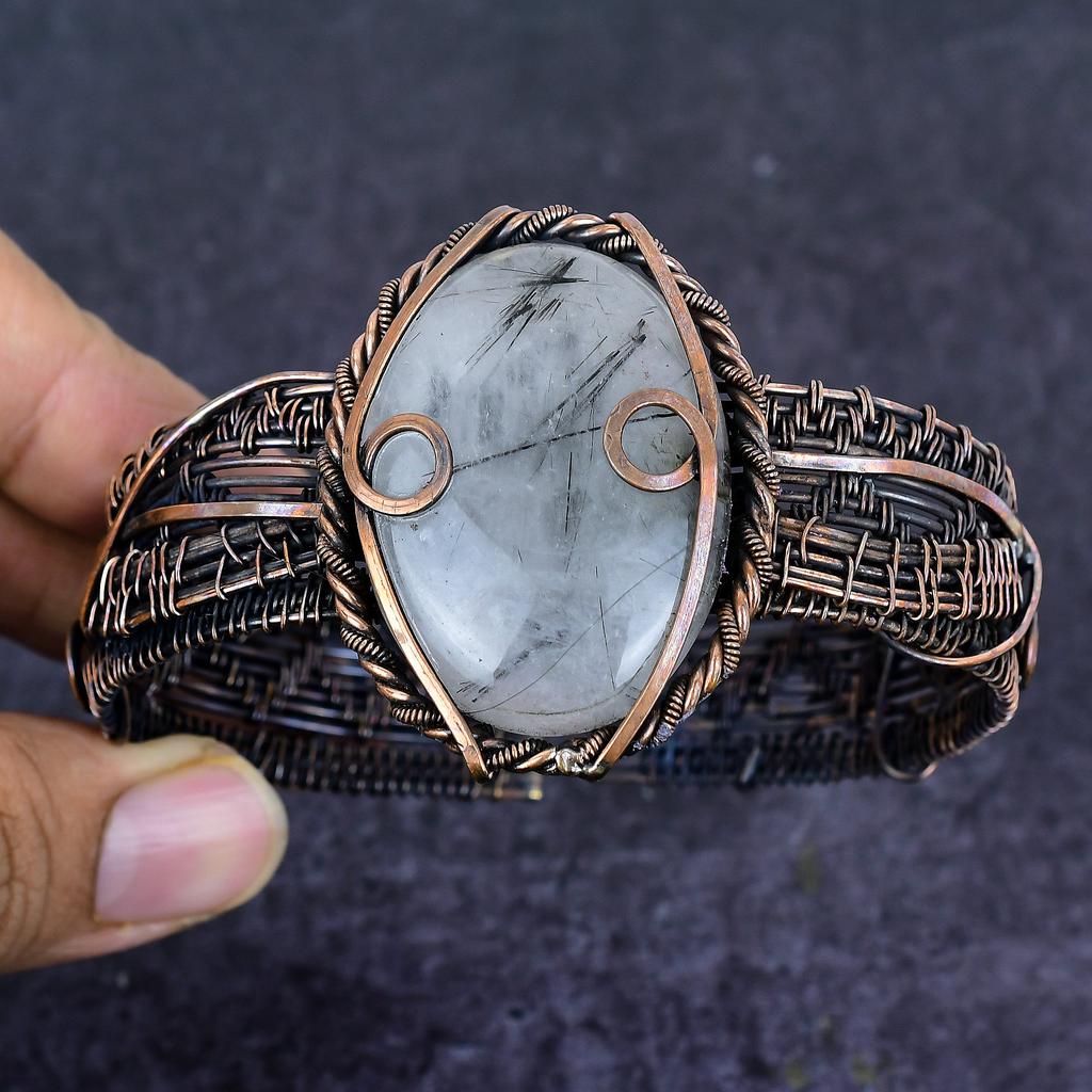 Black Rutile Gemstone Copper Wire Wrap Cuff Bangle Adjustable