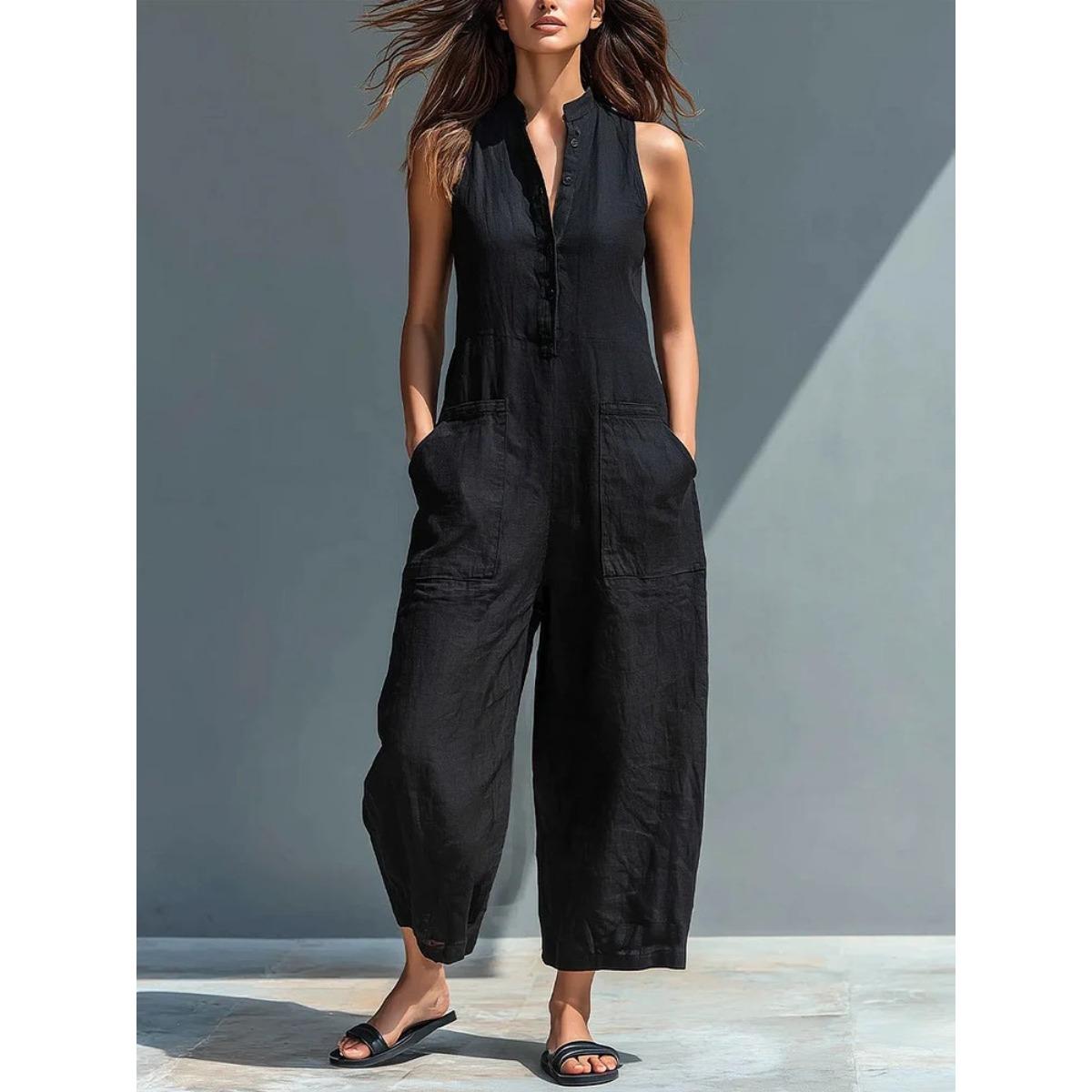 Women s Sleeveless Stand Collar Half Button Patch Pocket Loose Wide Leg Solid Linen Look Jumpsuit S