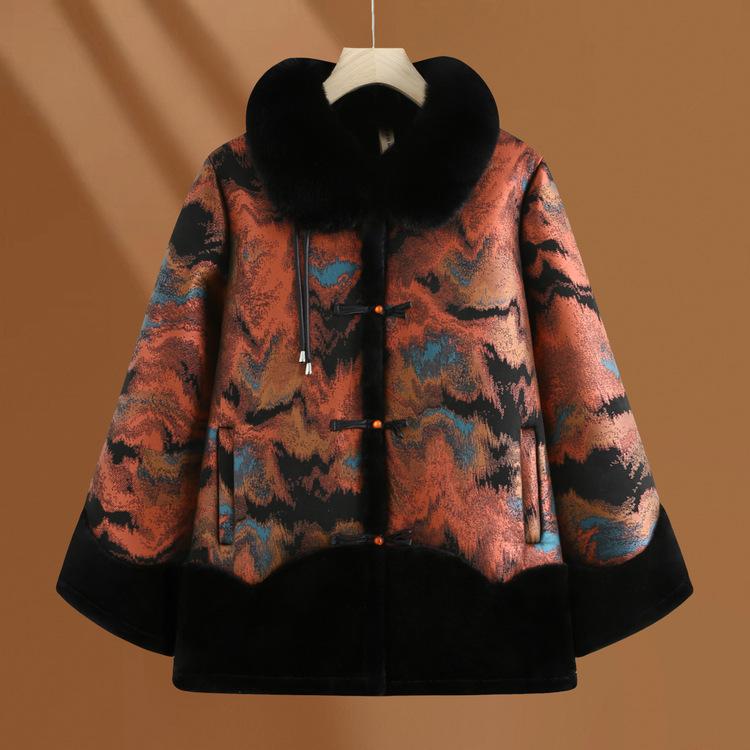 Middle-aged and Elderly People Thickened Winter Jacket Female Mother Winter Fur Collar Coat Old Lady Grandma Keeps Warm Plus Velvet Fur