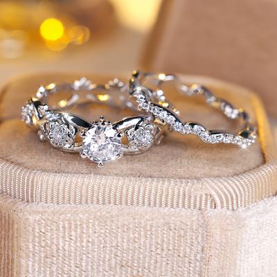 Light Luxury White Zircon Flower Ring Set Charm Fashion Rings for Women Wedding Jewelry Gift