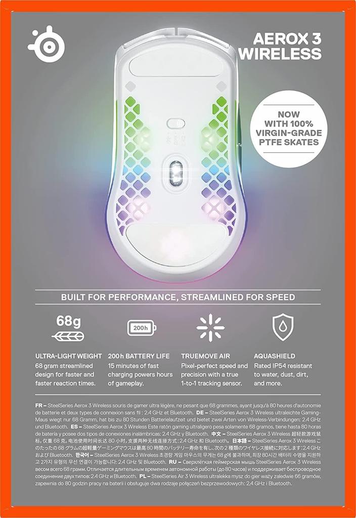 SteelSeries Gaming-Maus Kabellos Aerox 3 Snow Kabellos Ultraleicht TRUEMOVE AIR Sensor Quantum Wireless-Technologie IP54-Standard Wasserdicht Staubdicht