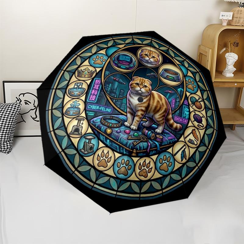 Cybernetic Cat Dreamscape pattern umbrella, portable and foldable design, 8 ribs, a casual accessory for Halloween, Christmas, and birthday gifts.