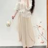 Miyake Pleats V-neck Lace Korean Top & Elegant Long Skirt Set