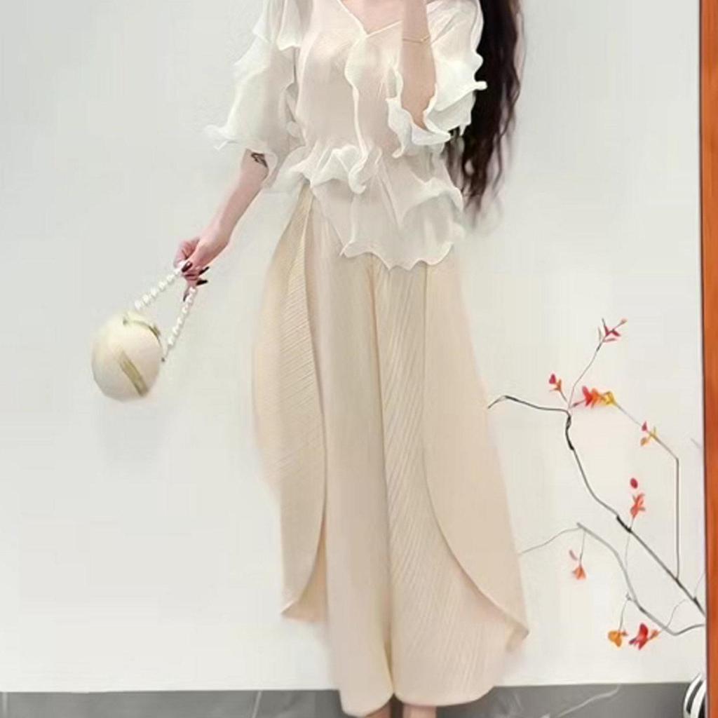 Miyake Pleats V-neck Lace Korean Top & Elegant Long Skirt Set