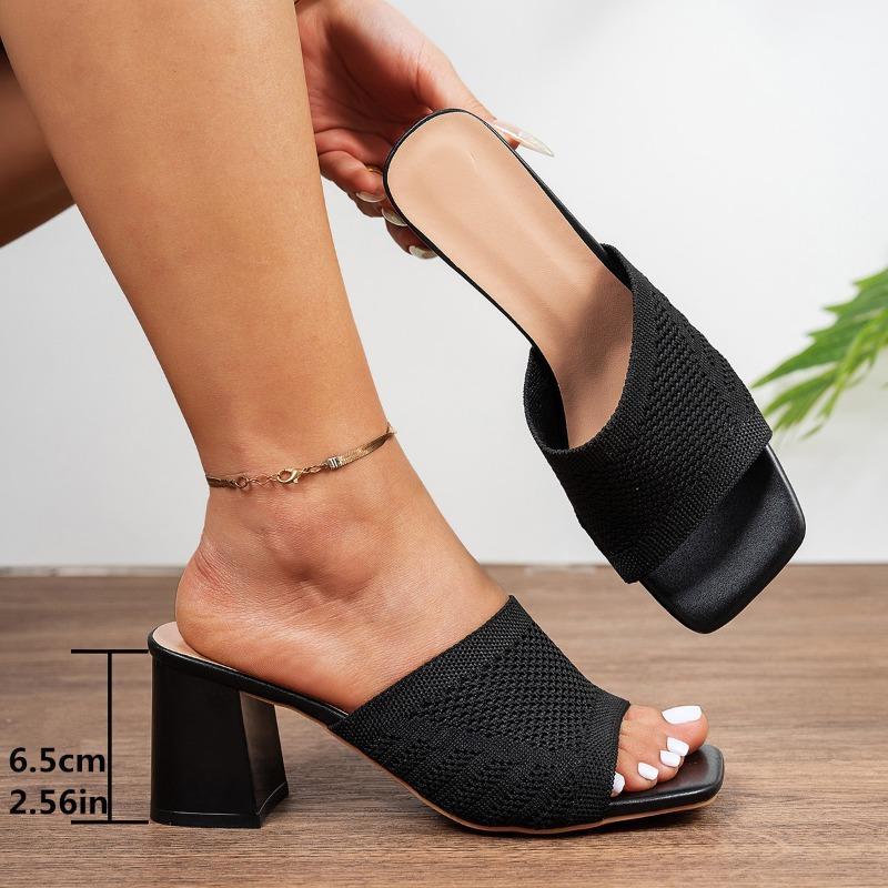 Flying Woven High-heeled Slippers Women's Summer New Large-size Square-headed Thick-heeled Lazy Open-toed Cool Slippers
