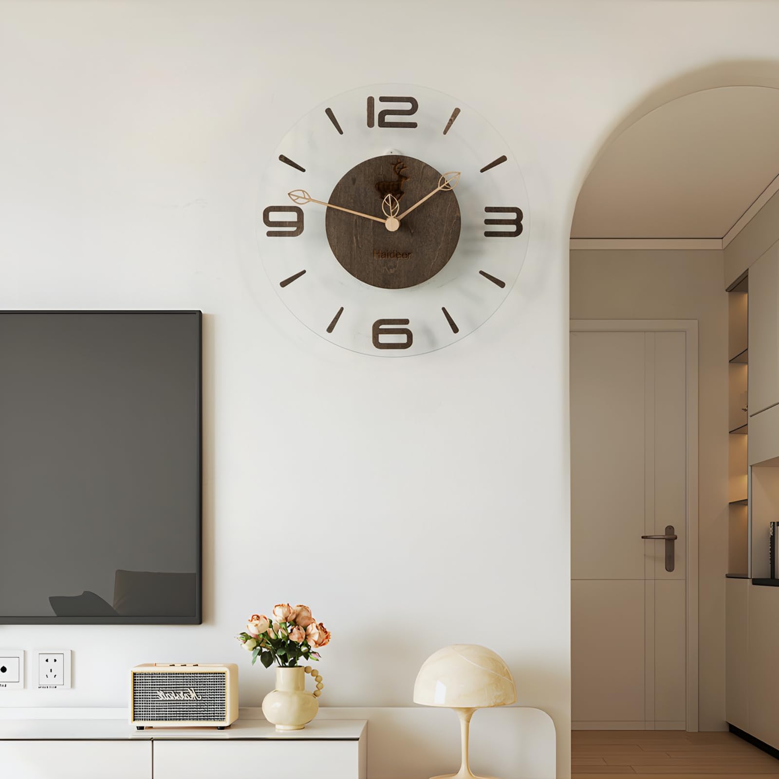 

Happy Shape Wall Battery Walnut Nordic Modern Tempered Glass Wooden Simple Fully for Living Housewarming Battery Operated Wood Color 2 Clock, Stylish,