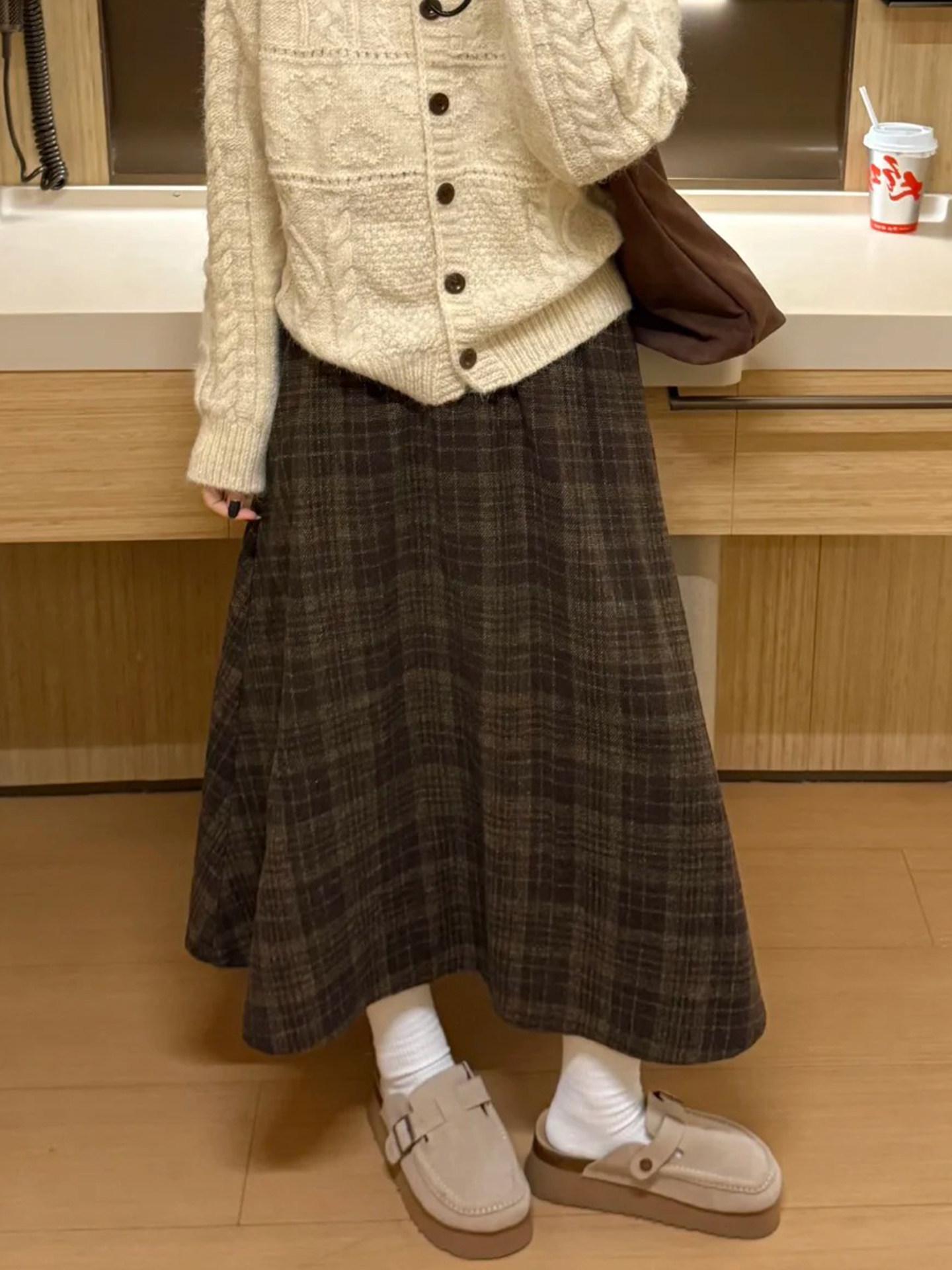 

Women s Retro Plaid Wool A-line Skirt: Autumn/Winter, Plus Size, High Waist, Slimming, Mid-length, Commuter Style XXL