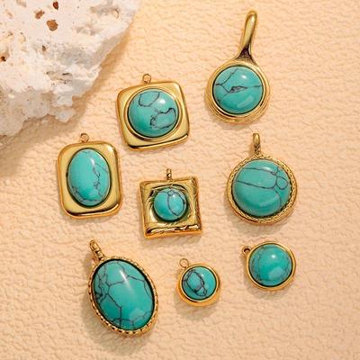 Oval Turquoise Stone 18K Gold-Plated Stainless Steel Pendant Necklace and Earring Charms