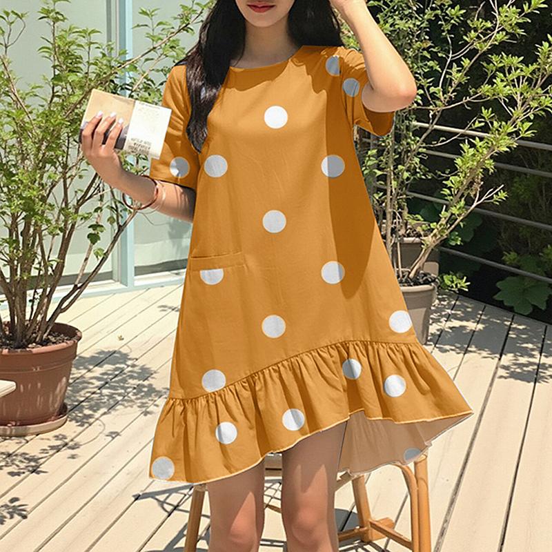 ZANZEA Women Casual Round Neck Short Sleeve Ruffles Hem Polka Dot Print Dress S жёлтый