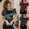 European & American Women's Lace-Up Asymmetrical Neck Satin Top