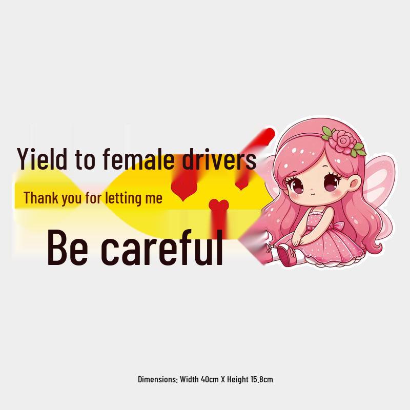 Reflective Cute Cartoon Text Sticker: 'Yield to Female Drivers' - Waterproof Rear Windshield Accessory