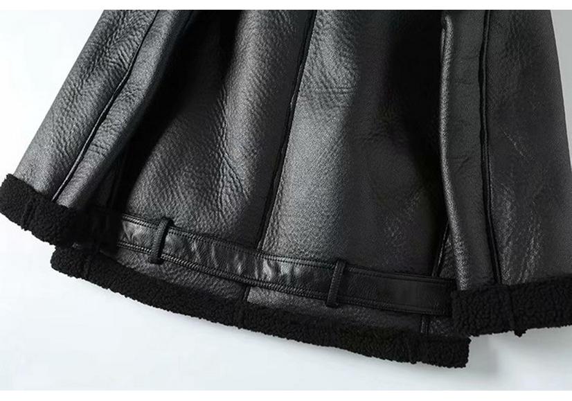 Women's Mid-length Lambswool Leather Motorcycle Jacket - European & American Winter Style