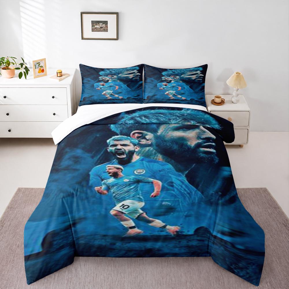 3 Piece Bedding Set with Duvet Cover and 2 Pillowcases - Sergio Aguero Manchester City 10 Blue Splash Print - Soccer Decor