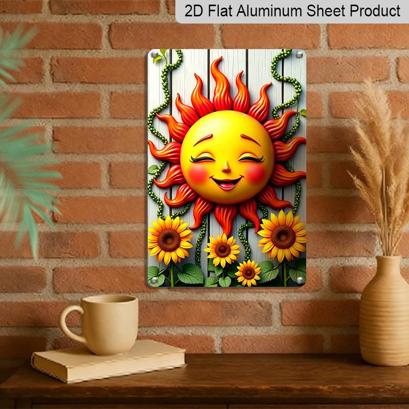 2D Flat, 1pc Trebalena Vintage Embossed Aluminum Sign "Charming Sunflower & Smiling Sun Metal Wall Art - Vibrant Design for Outdoor Garden Decor