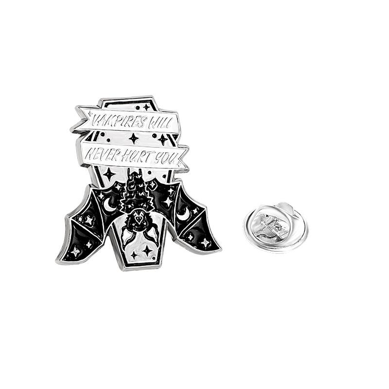 4 Styles Punk Dark Night Bat Theme Enamel Brooches With Flower Moon Heart Coffin Shaped Batty For You Darkness Lapel Pins
