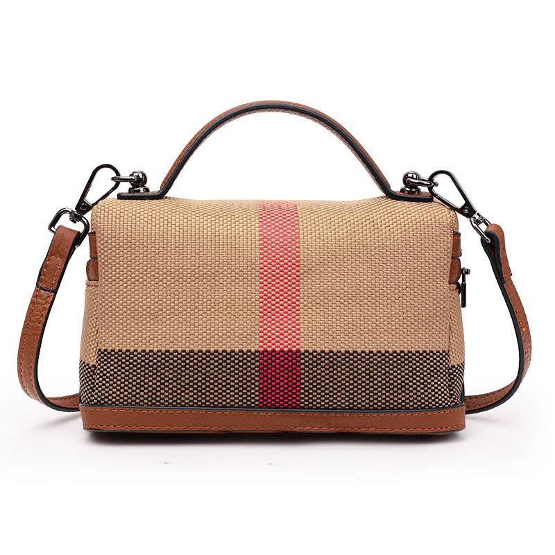 New Women's One Shoulder Crossbody Bag Canvas with Cowhide Plaid Pattern Phone Bag