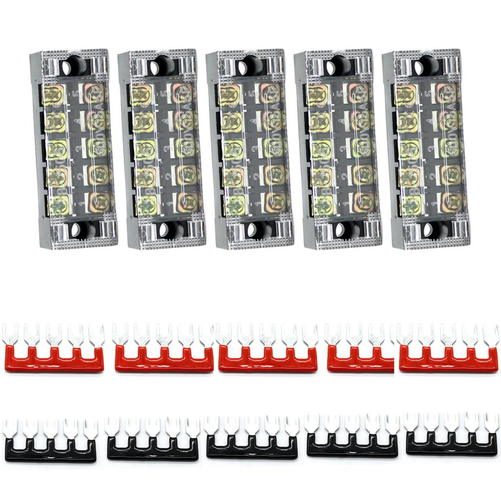 10pcs(5 Sets) 5pcs 600V 15A 5 Positions Double Row Screw Terminal Strip with Cover+5pcs 600V 15A 5 Positions Black Red