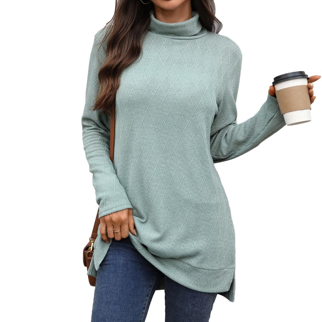 Women's Solid High Neck Loose Long Sleeve Slit T-shirt Top  Fall Winter Casual Fashion For Crossborder Europe America