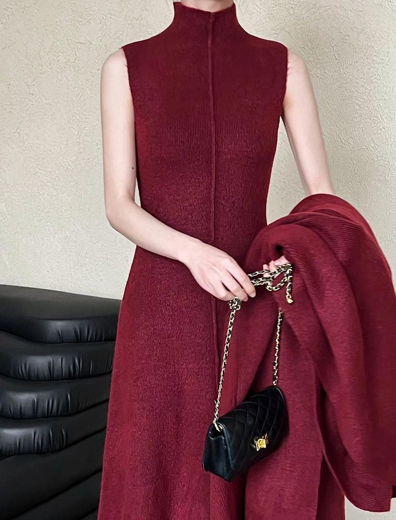 Cárdigan largo de punto, vestido de cuello alto, conjunto de dos piezas