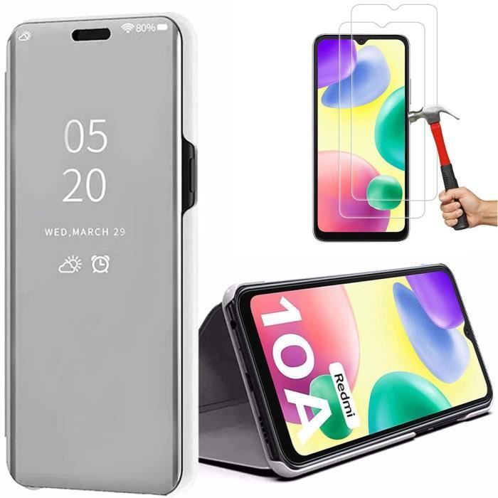 Coque pour Redmi 10A - Xiaomi - Argenté - Protection Intégrale - Effet Miroir - 2 Verres Trempés