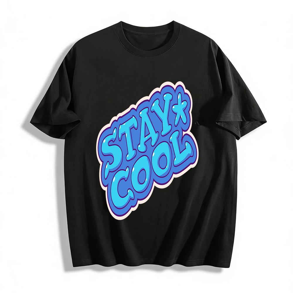 Retro American Style STAY COOL Letter Print Short Sleeve Unisex Casual Loose Fit Cotton T-Shirt Pure cotton T-shirt XXS