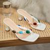 Fashion Bohemia Turquoise Stone Decoration Beach Sandals Women Summer White Square Toe High Heels Flip Flops Luxury Designer Slippers