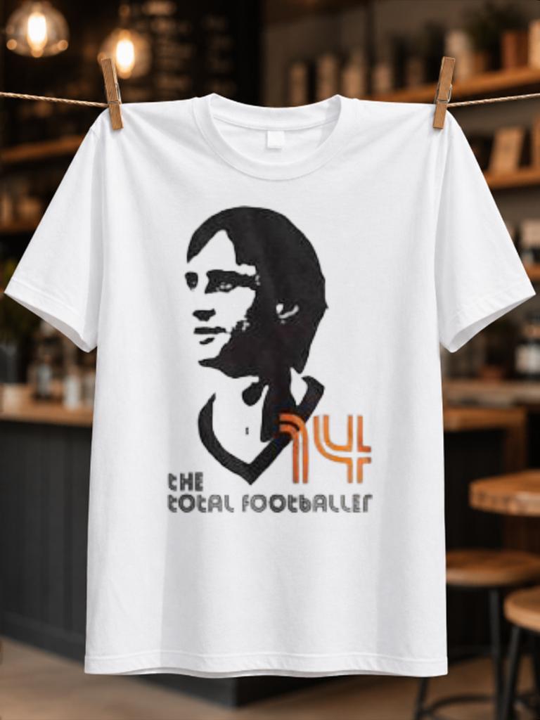 The Total Footballer 14 Stencil Portrait With Orange Number And Minimalist Retro Football Style Unisex All Tshirt