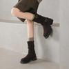 Krazing Pot Fashion Cow Suede Nubuck Winter Round Toe Modern Boots Med Heels Slip on Pleated Style Metal Buckle Mid-calf Boots