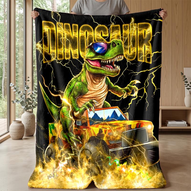 Dinosaur Driving Off-Road with Lightning Blanket Personalized Name Flannel Blanket Soft Cozy Plush Throw for Sofa Bed Lightweight Home Decor