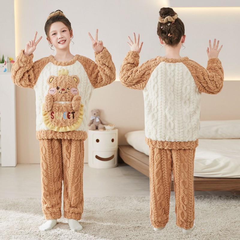 Girls Coral Fleece Pajama Set With Hooded Cartoon Character Design Winter Warm Sleepwear Kids 8 Years