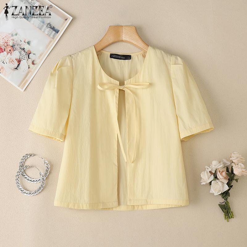 ZANZEA Women Summer Lace Up O-neck Casual Short Sleeve Cover Up Cropped Blouse