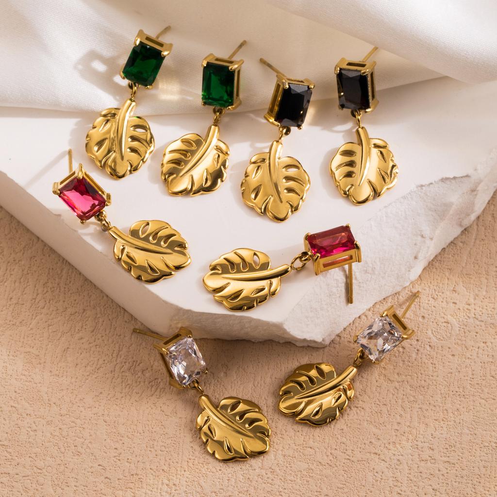 Gorgeous Vintage Stainless Steel Leaf Earrings with Zirconium Stones