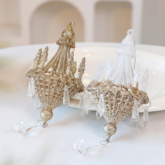 Glitter Chandelier Ornament 7 Inch Sparkling Acrylic Chandelier Christmas Tree Ornaments with Faux Crystal for Trees Doors Holiday Home Decor