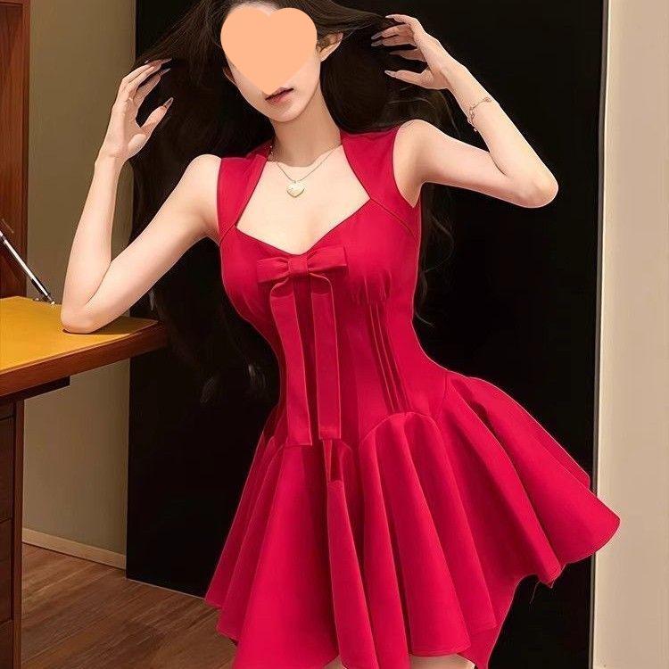Elegant French Rose Bow Knot Dress - Slimming Waist, Summer Short Skirt for Special Occasions