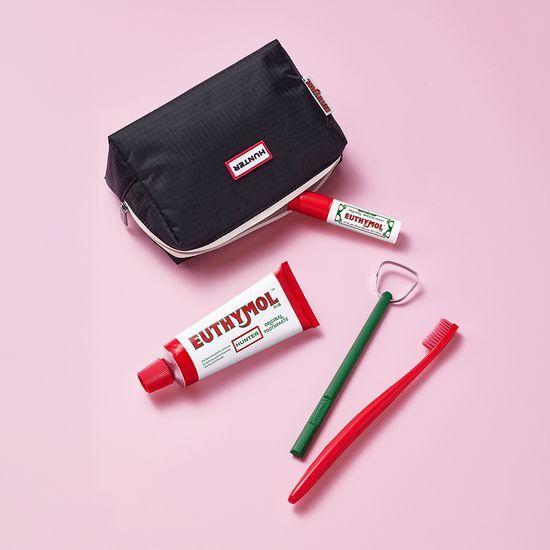 Travel Pouch + EUTHYMOL Perfect Bad Breath Care Plan (Original Toothpaste 106g + Oral Spray + Toothbrush + Tongue Cleaner)