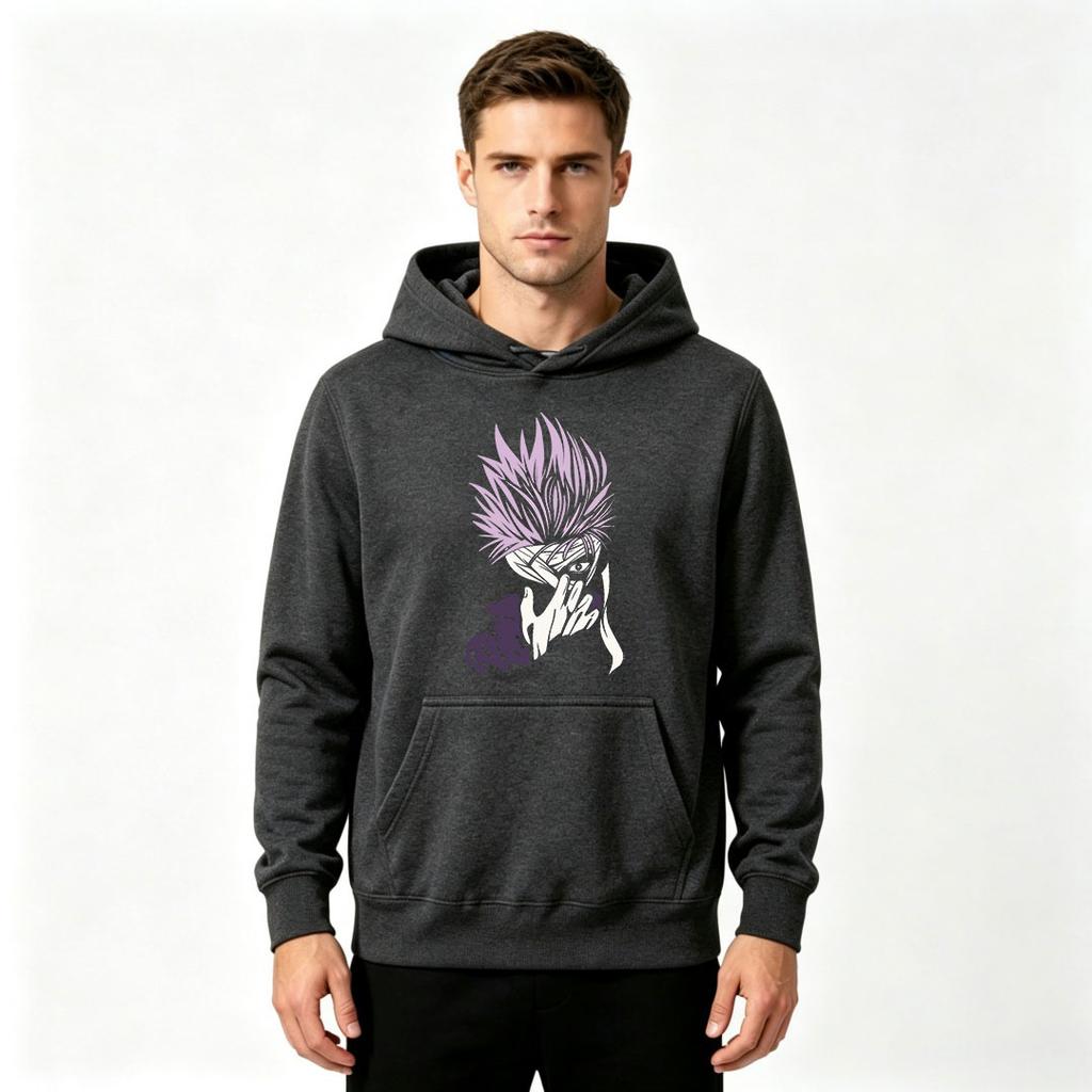 Men's Anime Character Print Pullover Hoodie Casual Long Sleeve Light Purple Graphic Sweatshirt