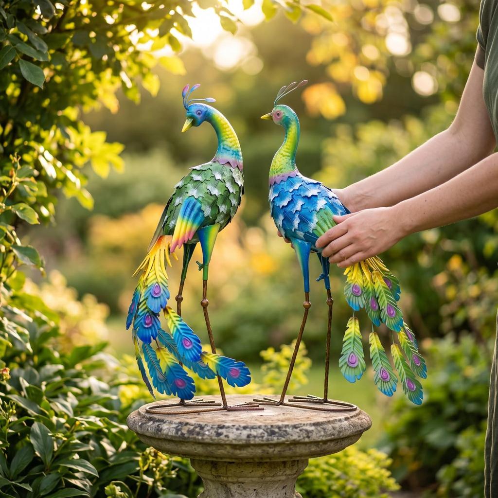 Peacock Garden Statue Colorful Metal Realistic for Courtyard