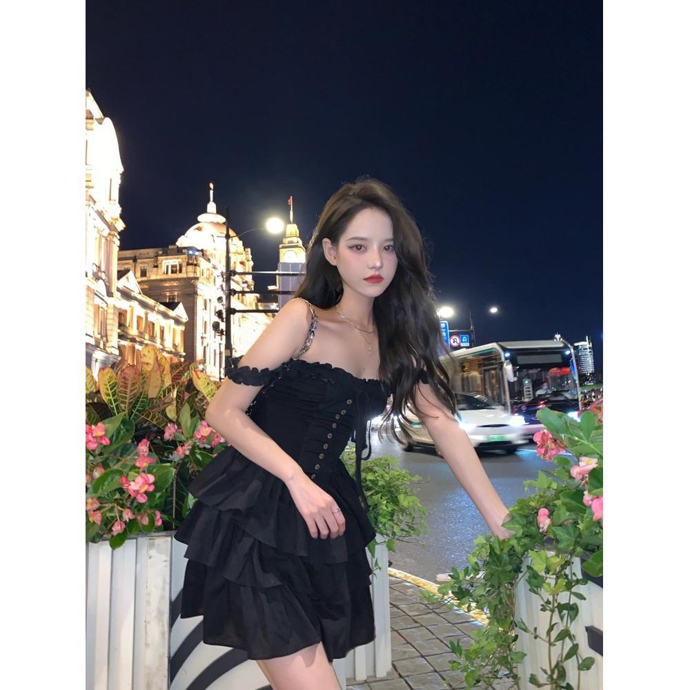 Ballet waist suspender dress women's summer short cake small black dress small princess tutu