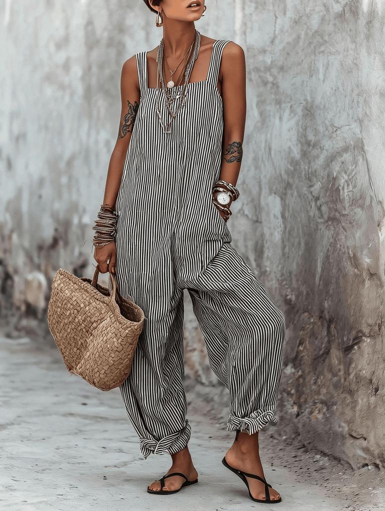 Women's Sleeveless Side Tie Wide Leg Jumpsuit Striped Casual Romper