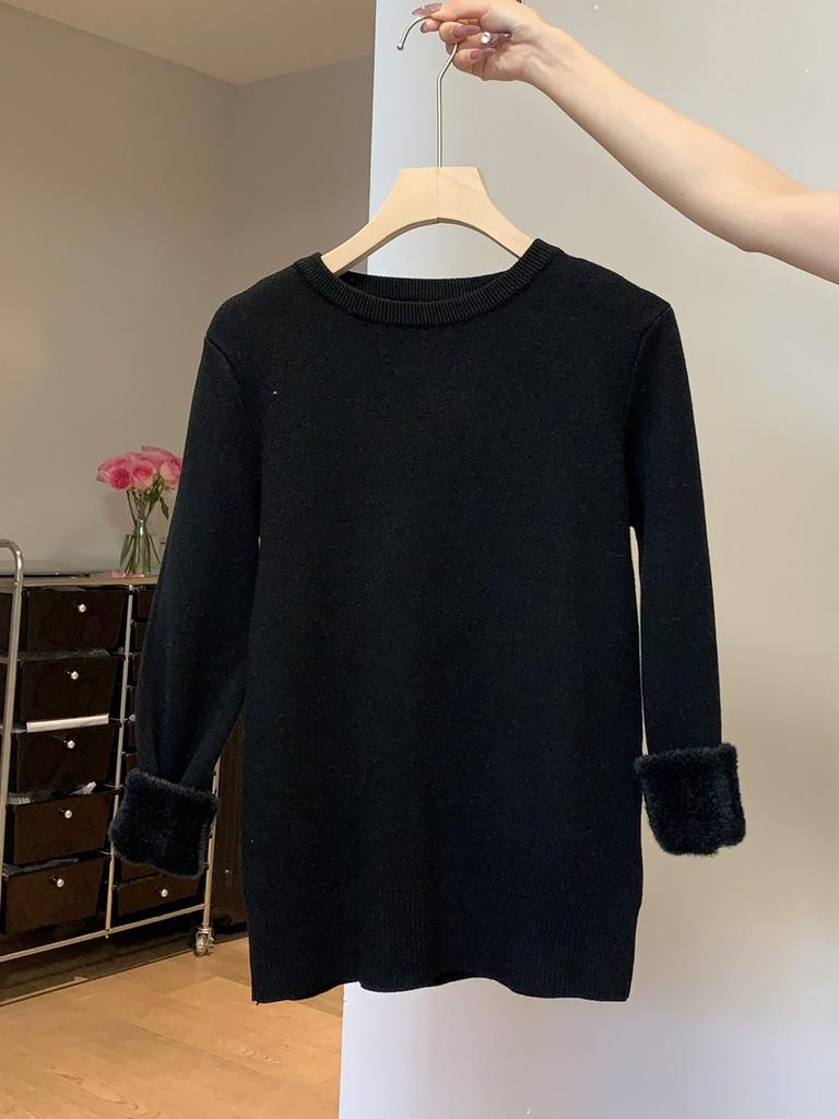 One-piece Fleece Thickened Warm Knitted Sweater Soft Waxy Sweater Women's Autumn and Winter Bottoming Shirt Front Shoulder Inner Top Long Sleeve